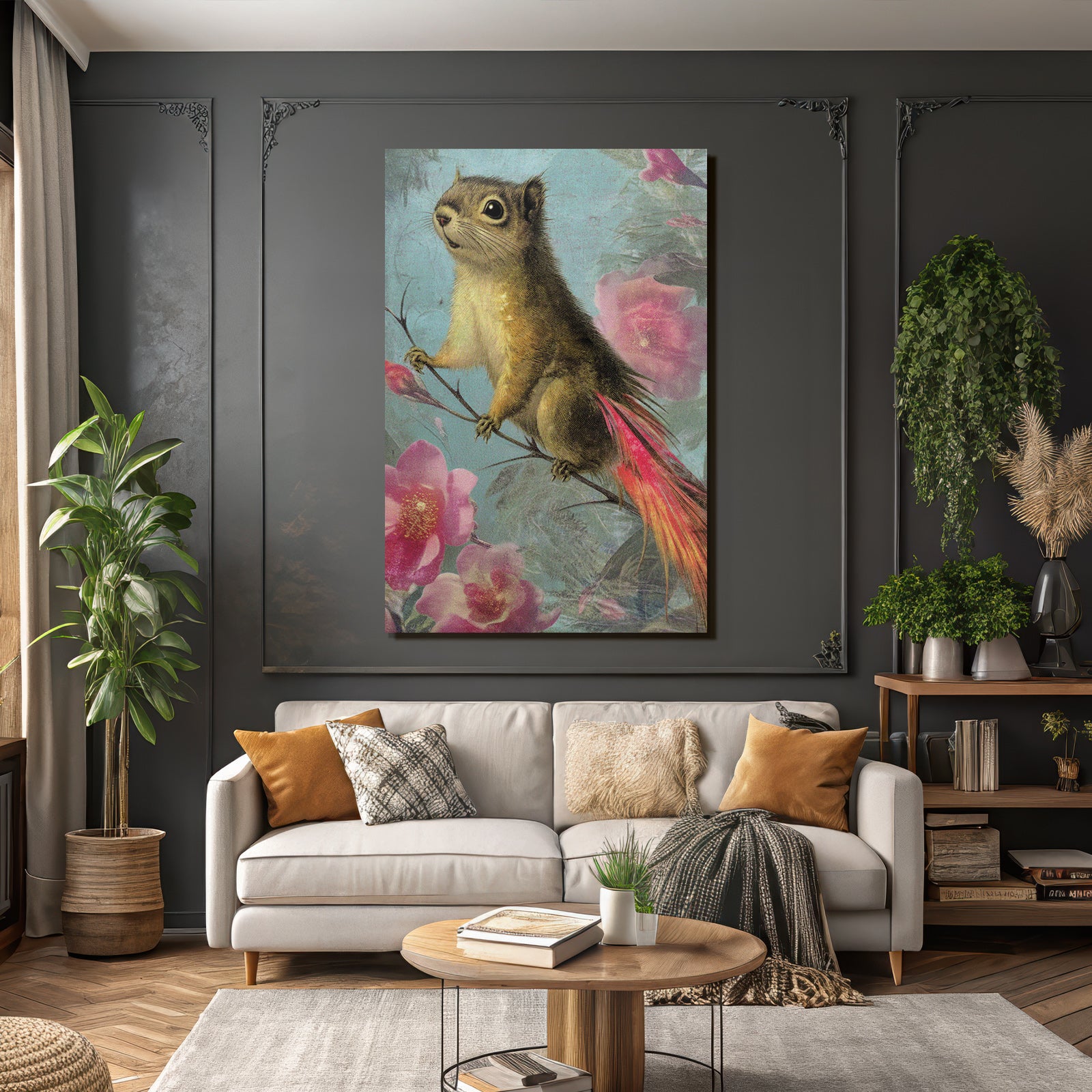 Squirrel Auf Einem Ast Umgeben Von Blumen Kunstwerk