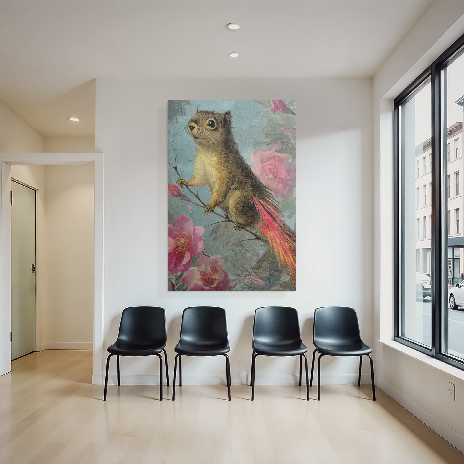 Squirrel Auf Einem Ast Umgeben Von Blumen Kunstwerk