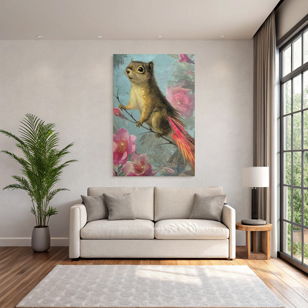 Squirrel Auf Einem Ast Umgeben Von Blumen Kunstwerk