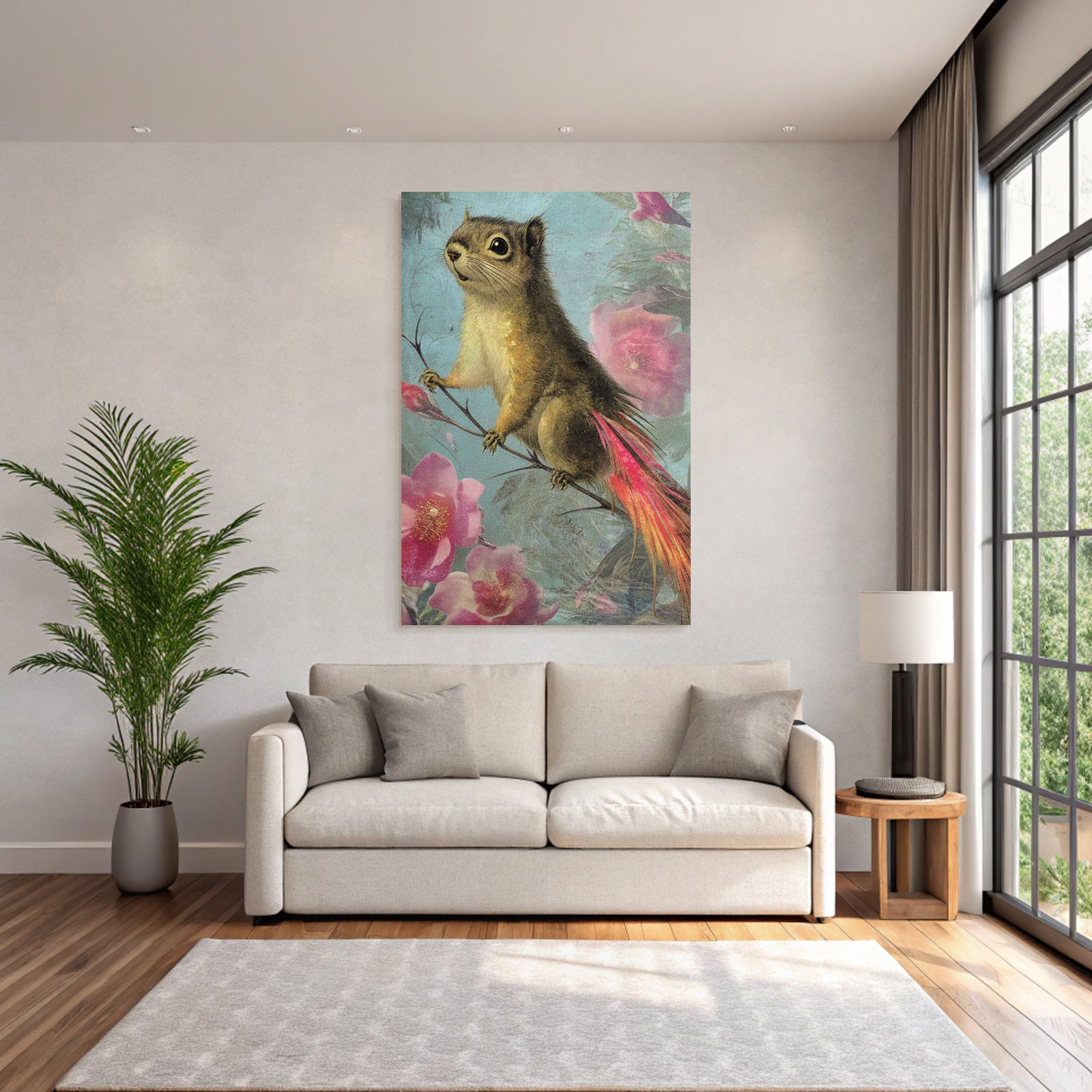 Squirrel Auf Einem Ast Umgeben Von Blumen Kunstwerk