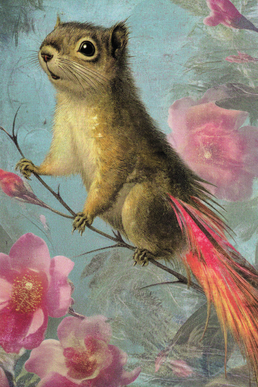 Squirrel Auf Einem Ast Umgeben Von Blumen Kunstwerk | Collagen | Kunstgattungen