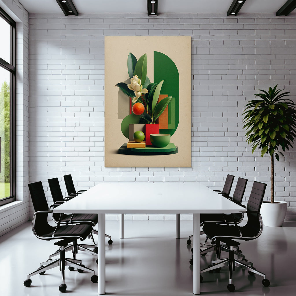 Stilisiertes Vasen Arrangement Mit Fruechten Und Geometrischen Formen