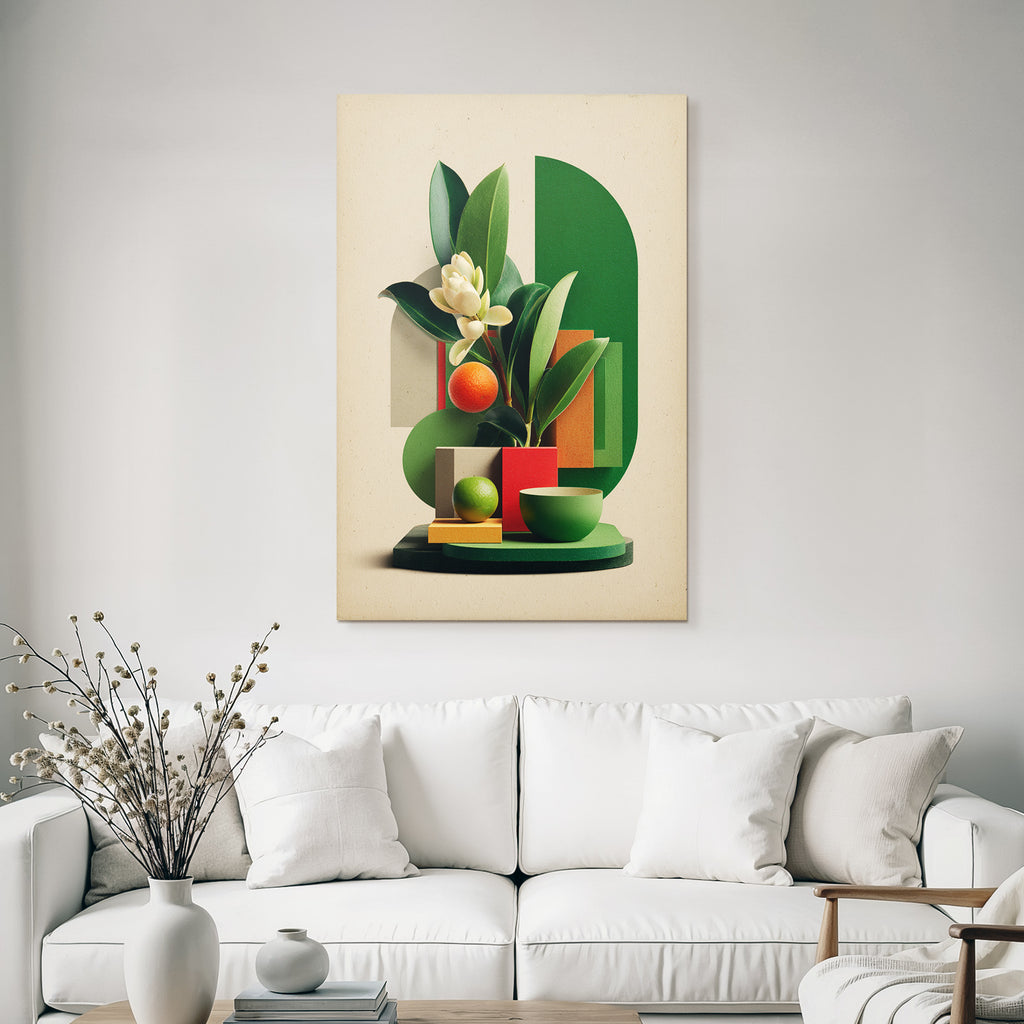 Stilisiertes Vasen Arrangement Mit Fruechten Und Geometrischen Formen