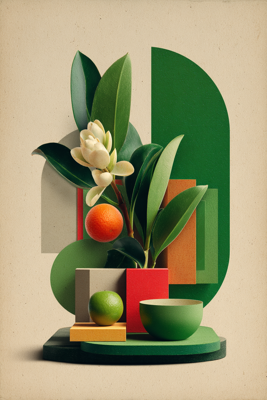 Stilisiertes Vasen Arrangement Mit Fruechten Und Geometrischen Formen | Collagen | Kunstgattungen