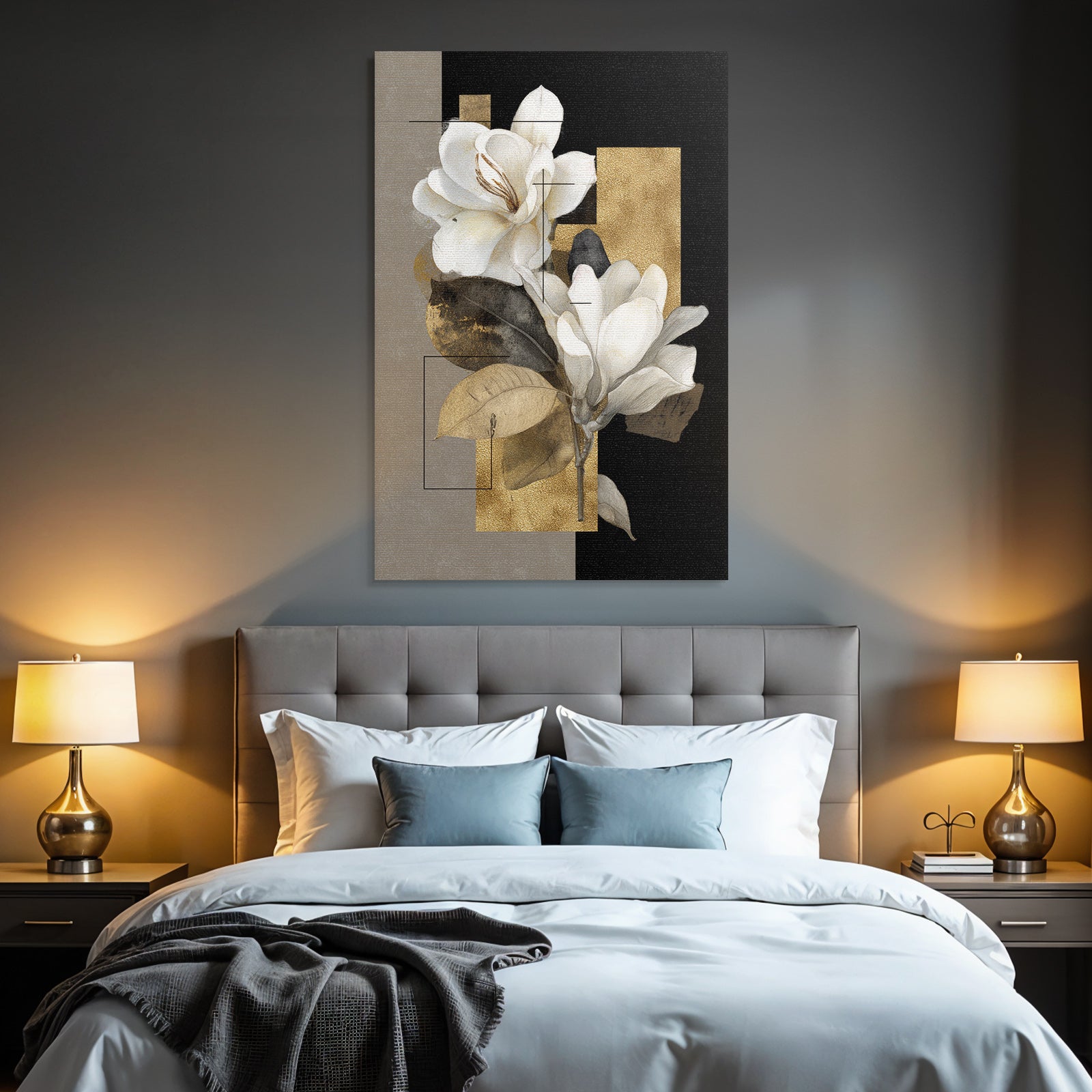 Stylisierte Magnolien Blumen Design Geometrisch Gold Schwarz Neutral