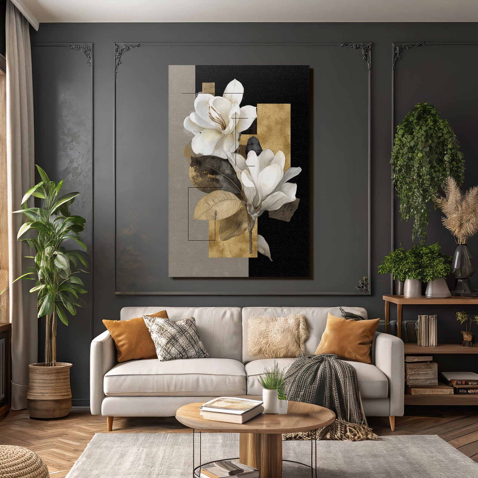 Stylisierte Magnolien Blumen Design Geometrisch Gold Schwarz Neutral