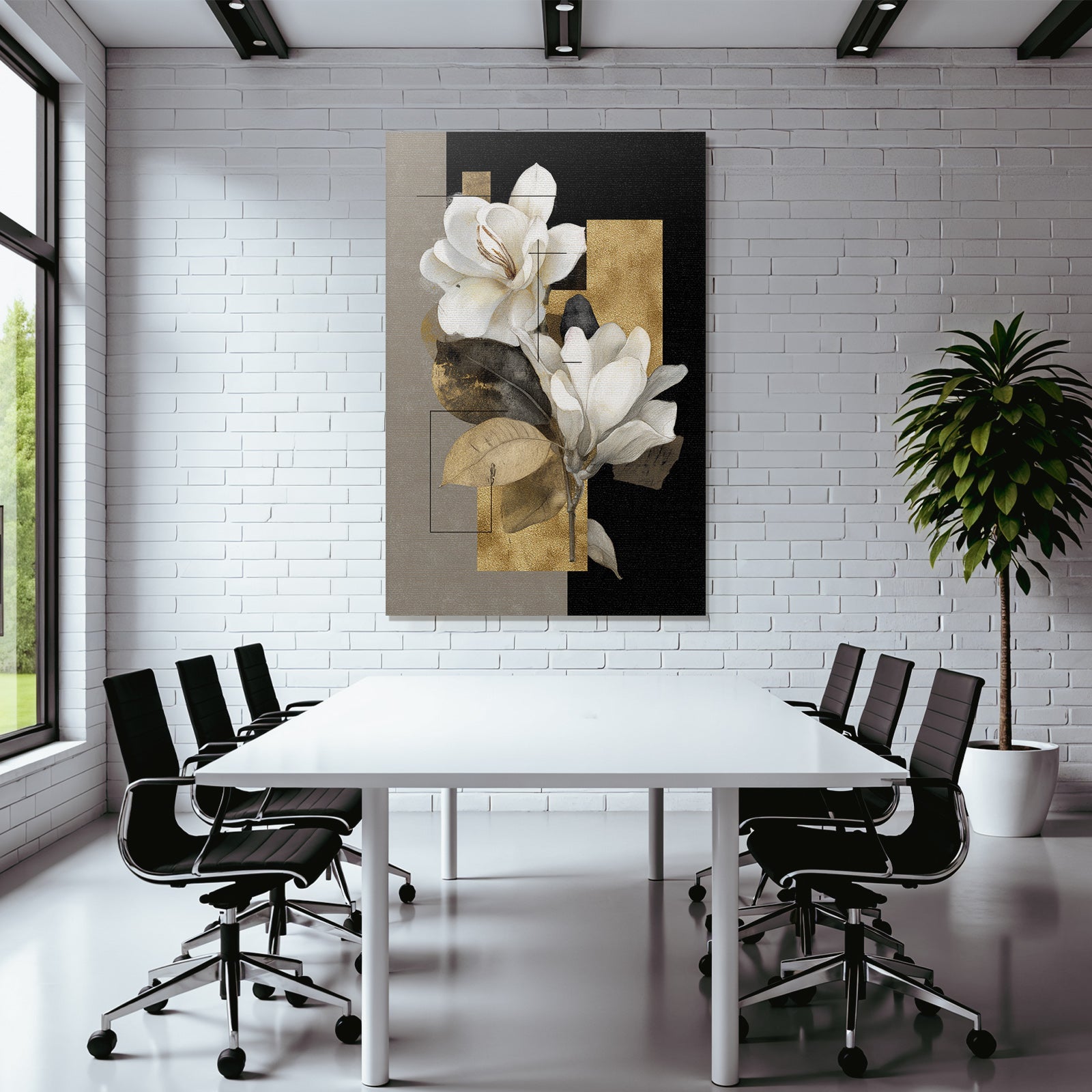 Stylisierte Magnolien Blumen Design Geometrisch Gold Schwarz Neutral