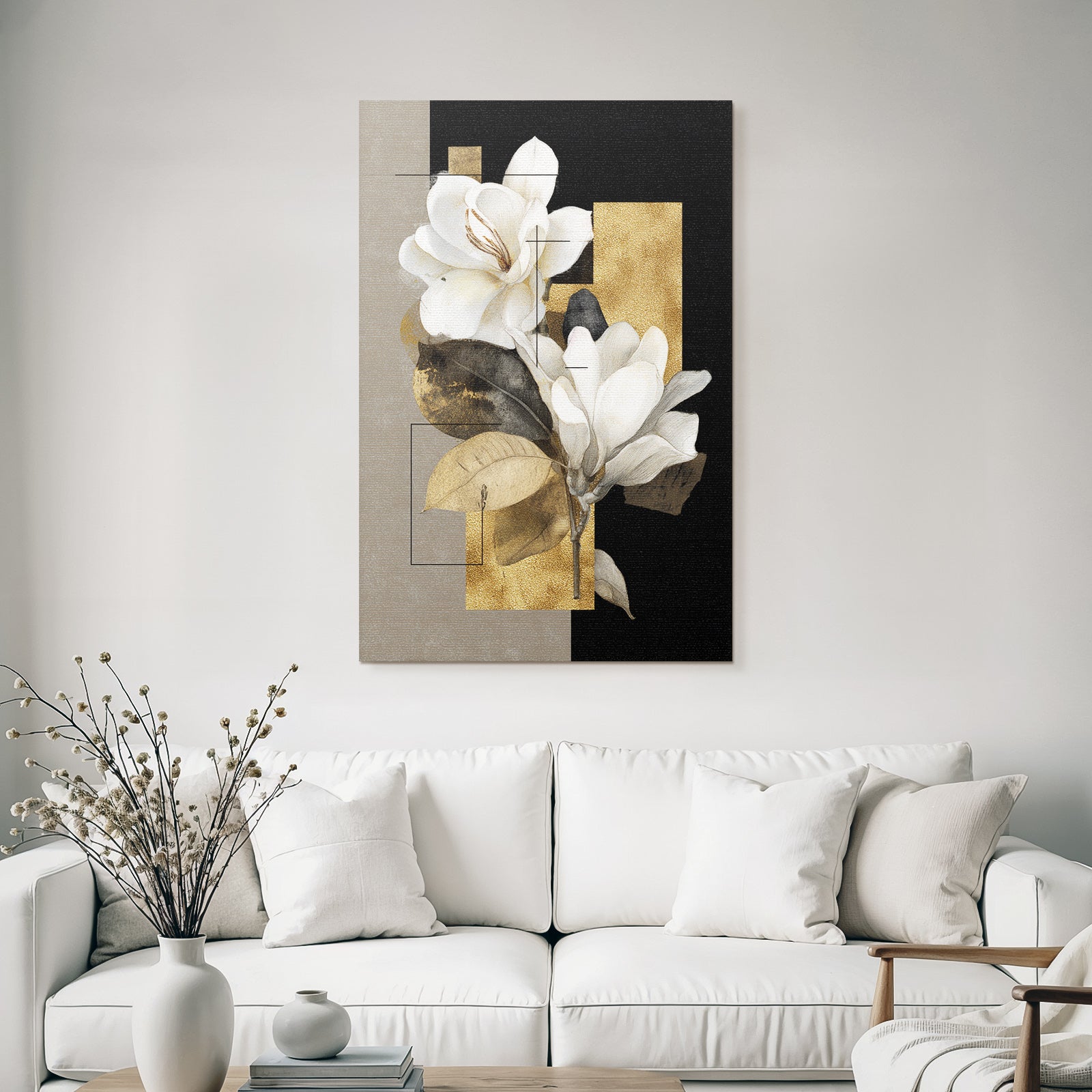 Stylisierte Magnolien Blumen Design Geometrisch Gold Schwarz Neutral