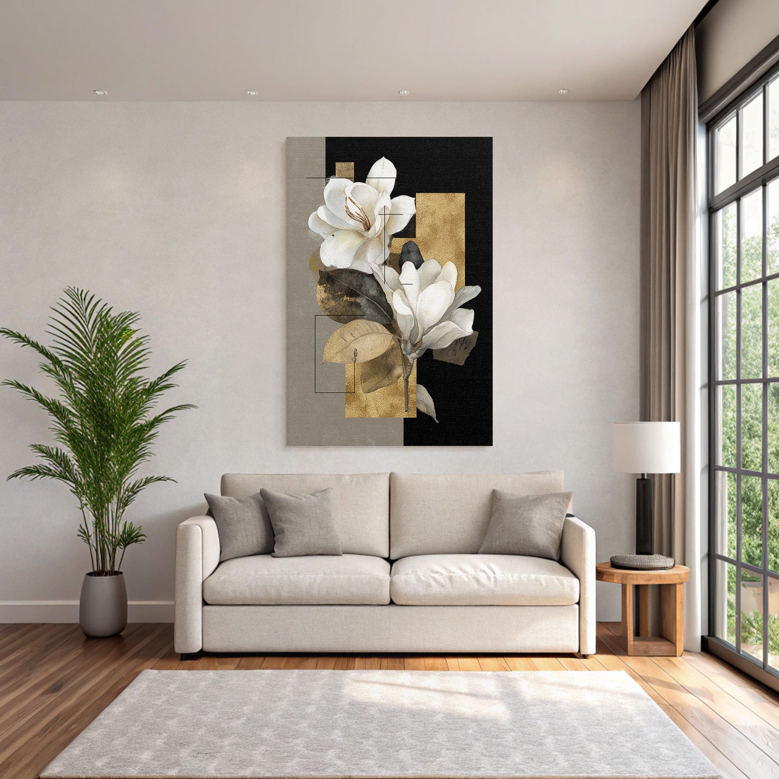 Stylisierte Magnolien Blumen Design Geometrisch Gold Schwarz Neutral