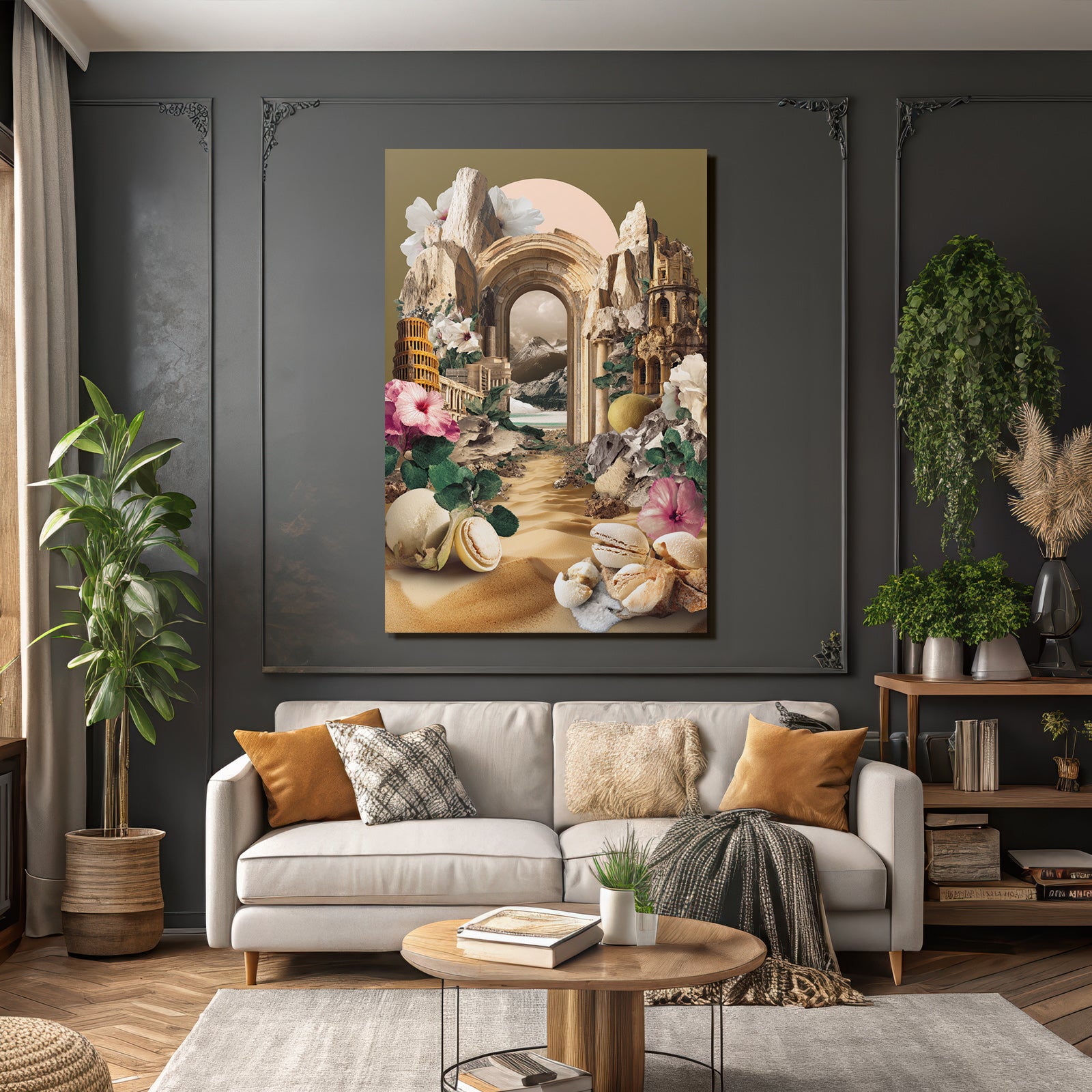 Surrealistische Collage Architektur Naturlandschaften Blumen