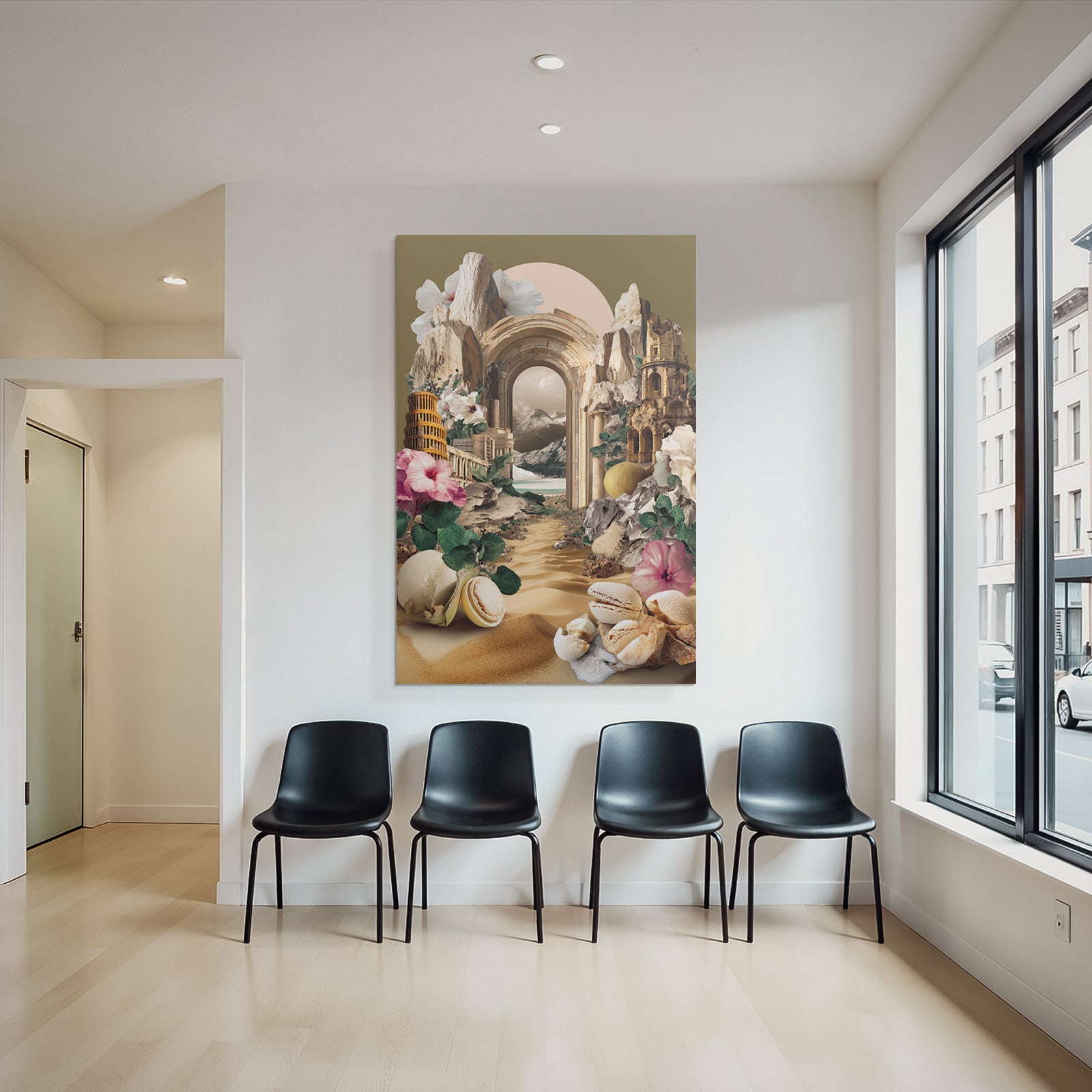 Surrealistische Collage Architektur Naturlandschaften Blumen