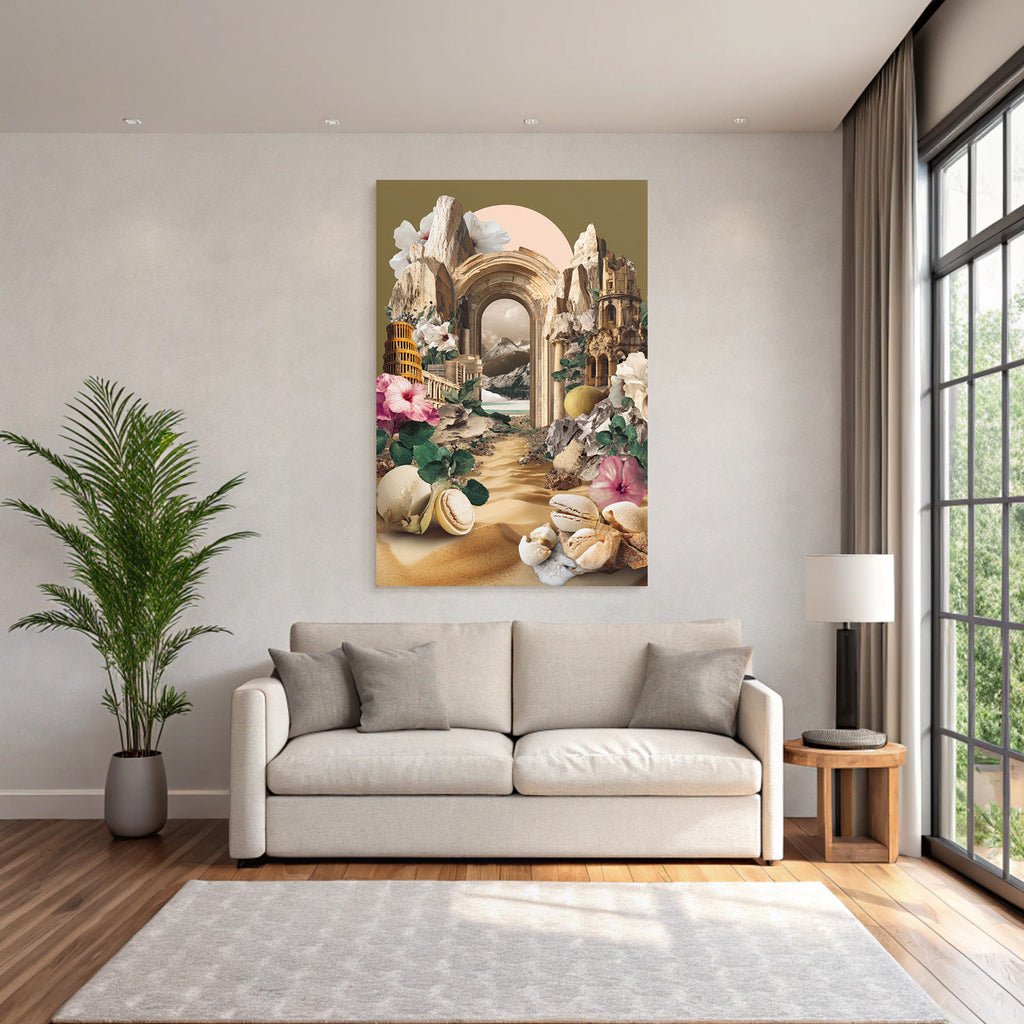 Surrealistische Collage Architektur Naturlandschaften Blumen