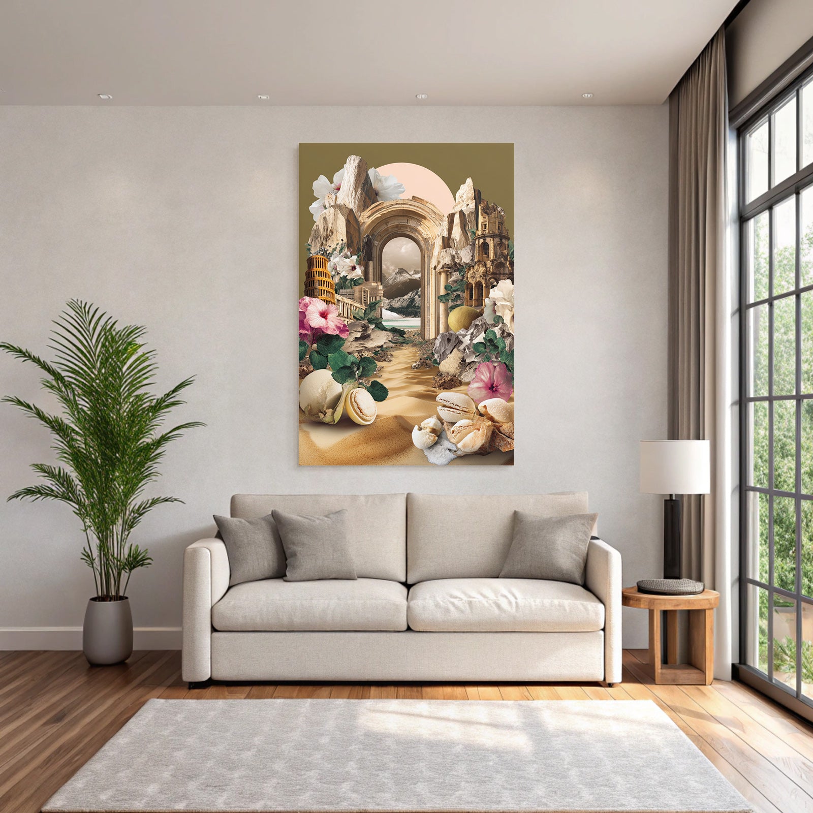 Surrealistische Collage Architektur Naturlandschaften Blumen
