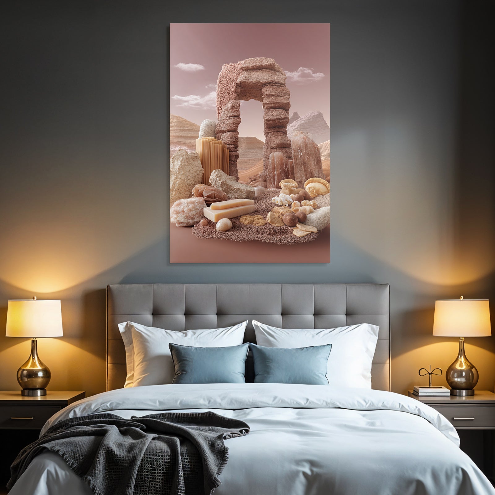 Surrealistische Wuestenlandschaft Mit Bogenstruktur Und Orgiatischen Formen