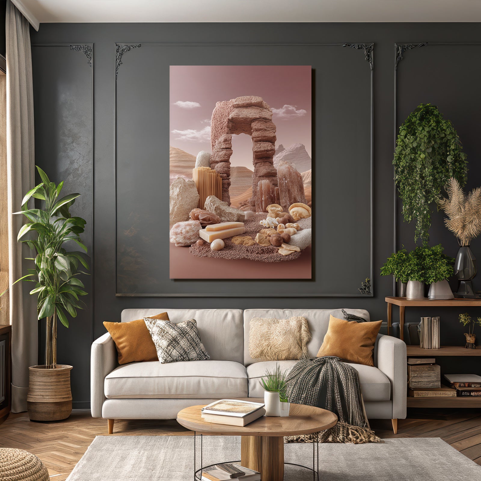Surrealistische Wuestenlandschaft Mit Bogenstruktur Und Orgiatischen Formen