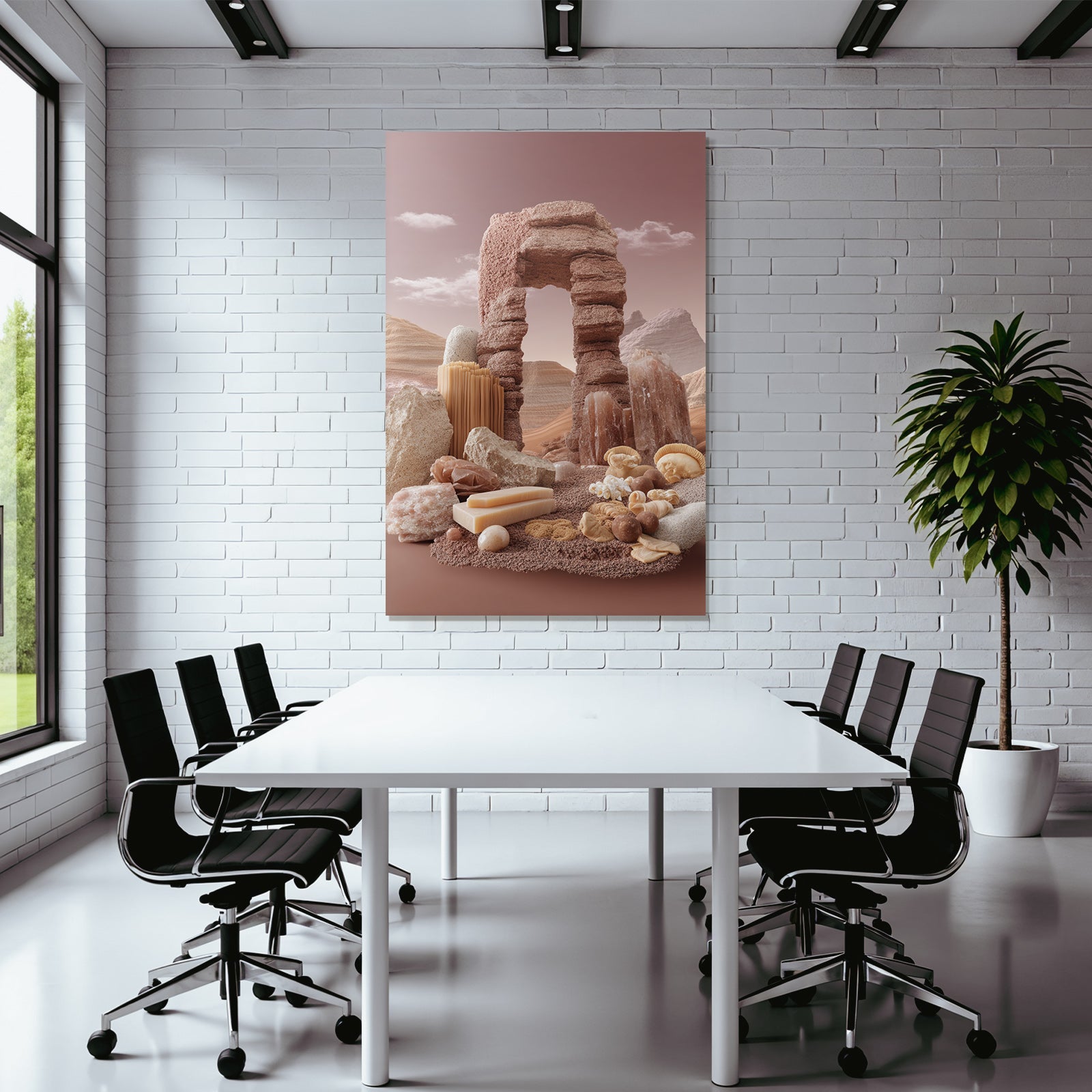 Surrealistische Wuestenlandschaft Mit Bogenstruktur Und Orgiatischen Formen