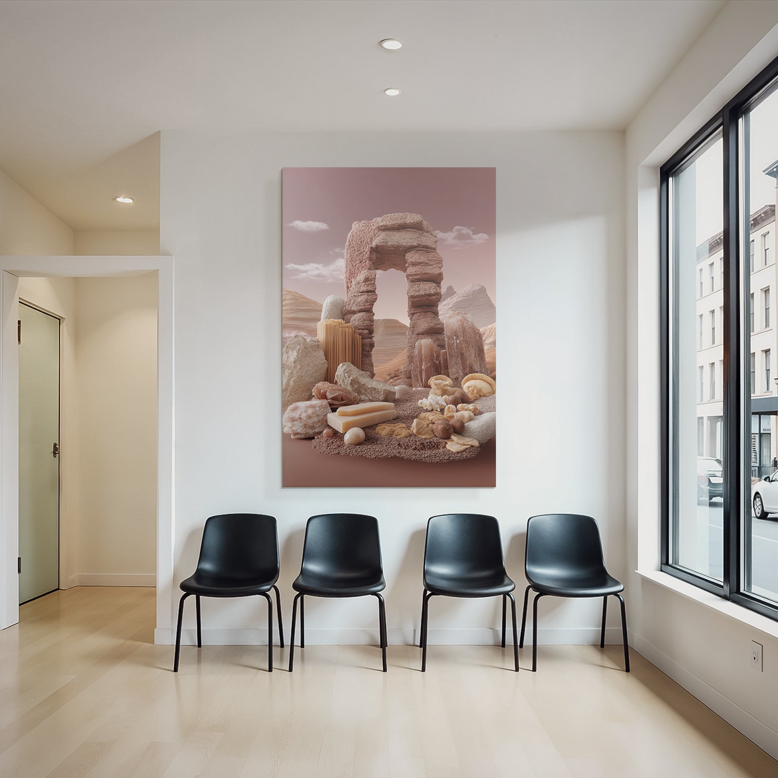Surrealistische Wuestenlandschaft Mit Bogenstruktur Und Orgiatischen Formen