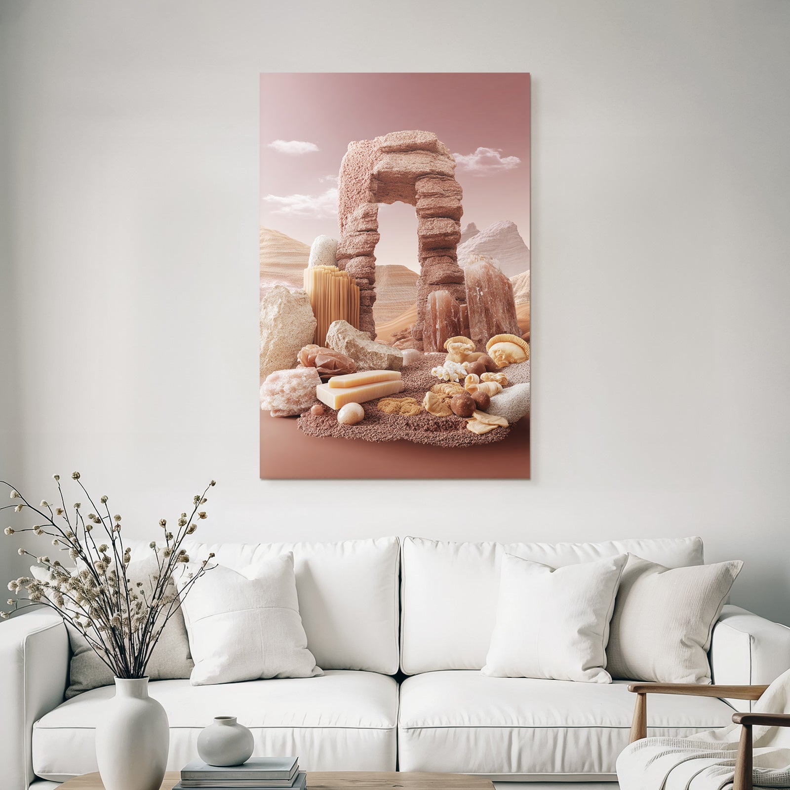 Surrealistische Wuestenlandschaft Mit Bogenstruktur Und Orgiatischen Formen