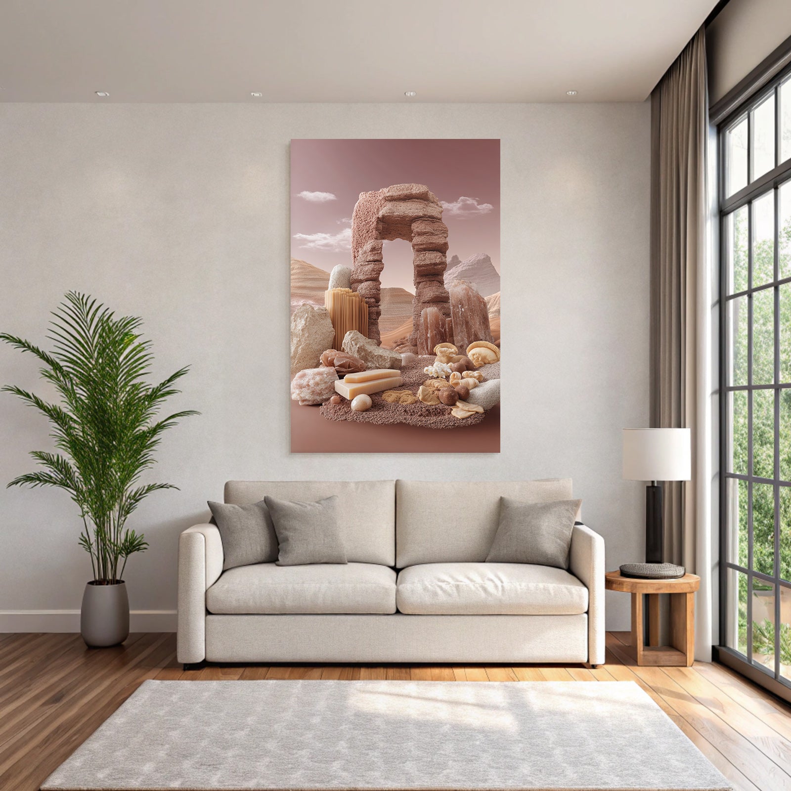 Surrealistische Wuestenlandschaft Mit Bogenstruktur Und Orgiatischen Formen