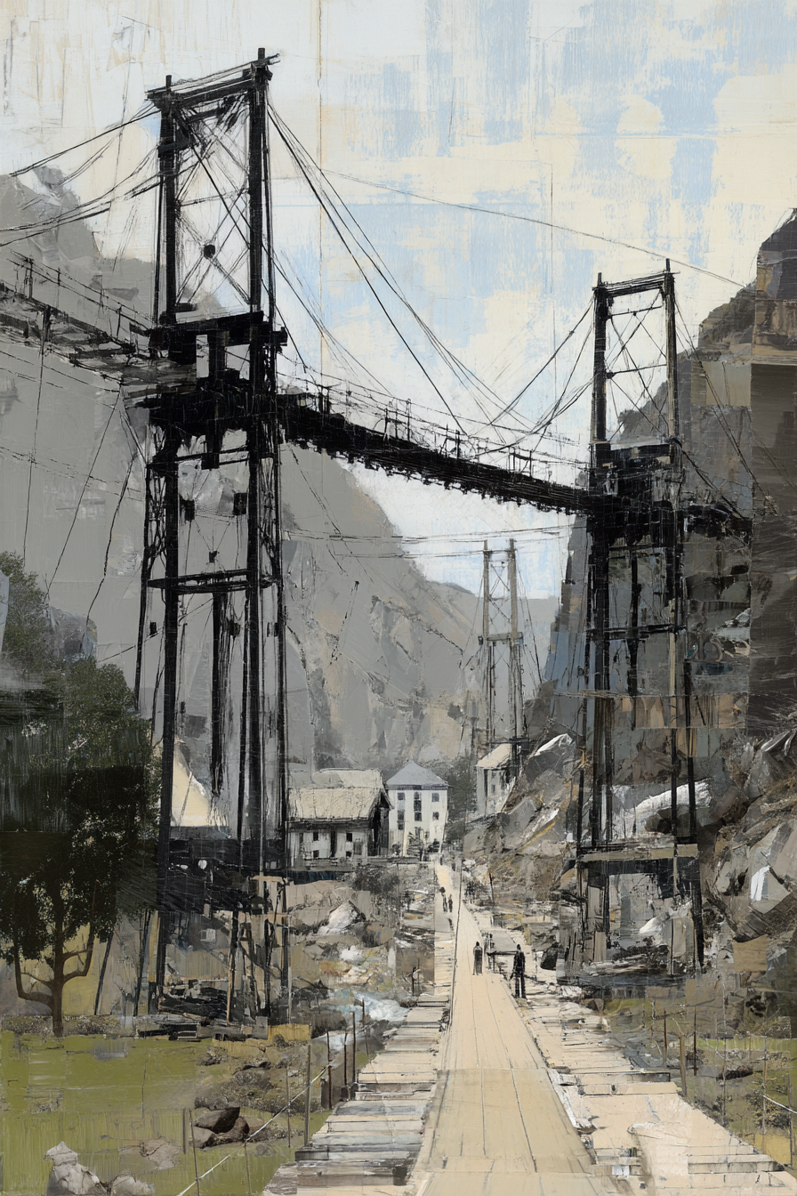 Suspensionsbruecke In Den Bergen Mit Gebaeuden Und Fussgaengern | Collagen | Kunstgattungen