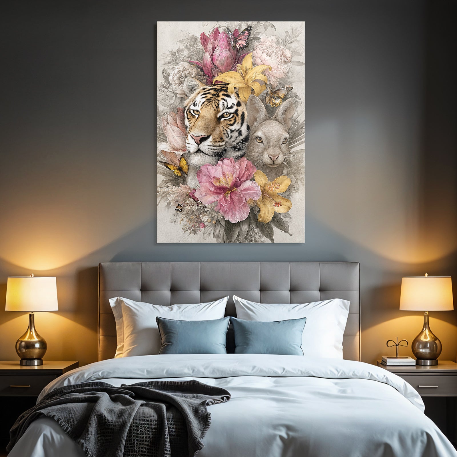 Tierische Naturkomposition Tiger Und Hase Mit Blumen Und Schmetterlingen
