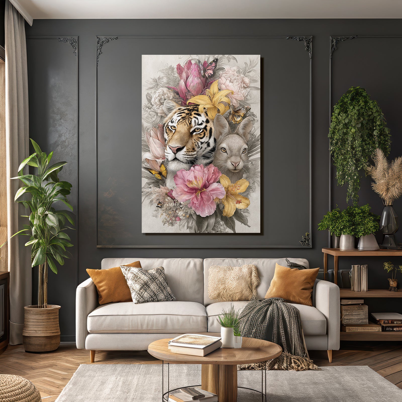 Tierische Naturkomposition Tiger Und Hase Mit Blumen Und Schmetterlingen