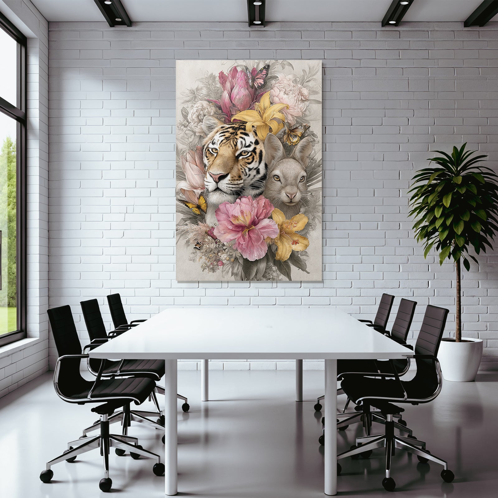Tierische Naturkomposition Tiger Und Hase Mit Blumen Und Schmetterlingen
