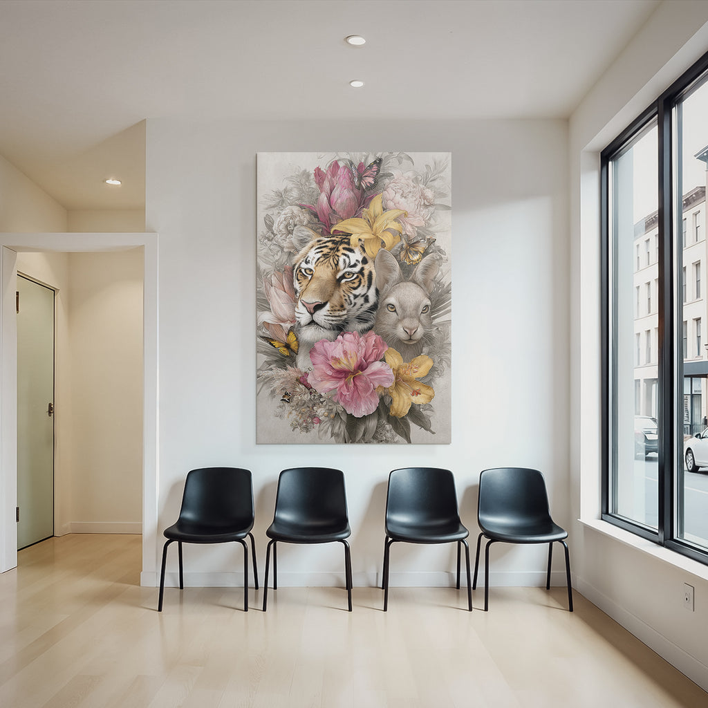 Tierische Naturkomposition Tiger Und Hase Mit Blumen Und Schmetterlingen