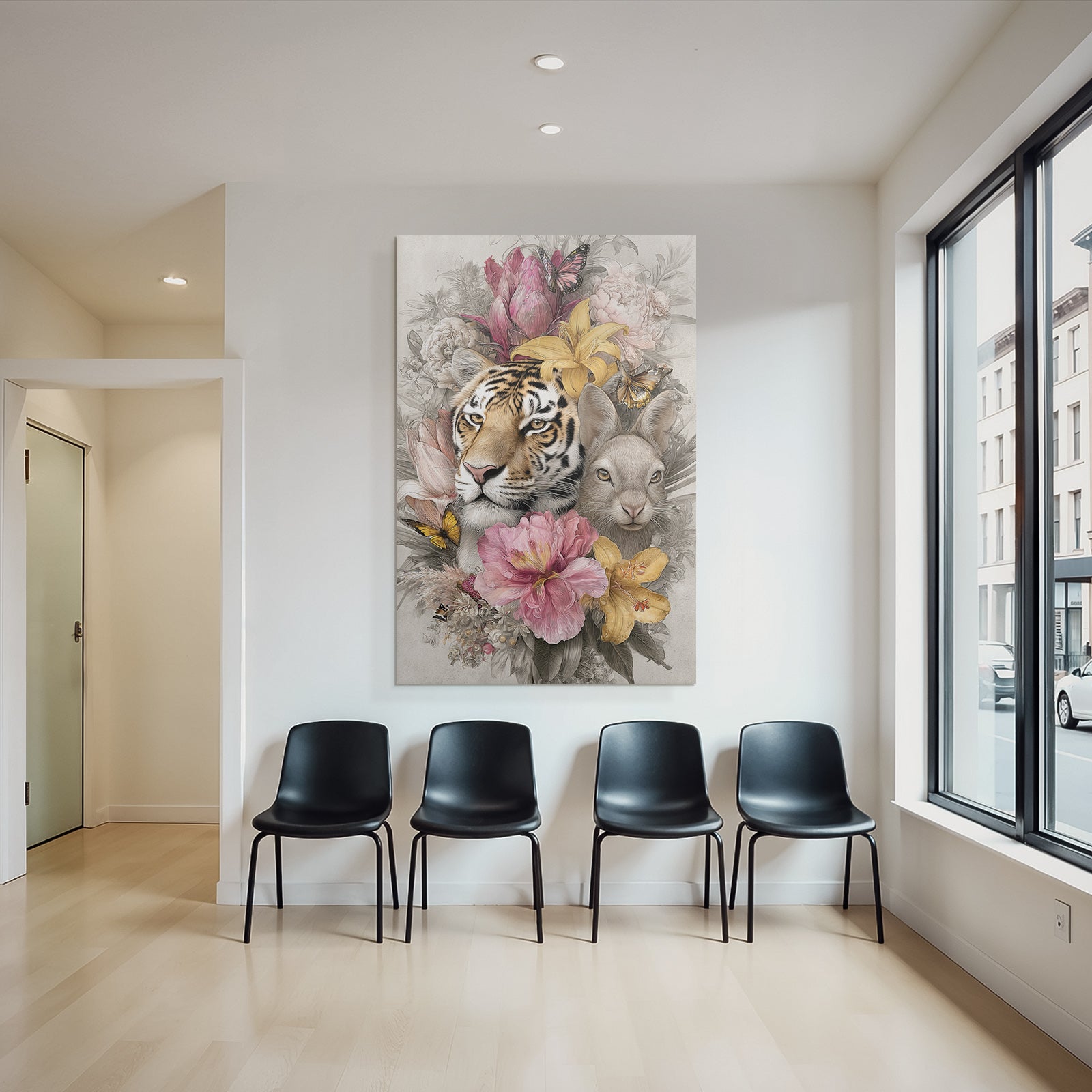 Tierische Naturkomposition Tiger Und Hase Mit Blumen Und Schmetterlingen