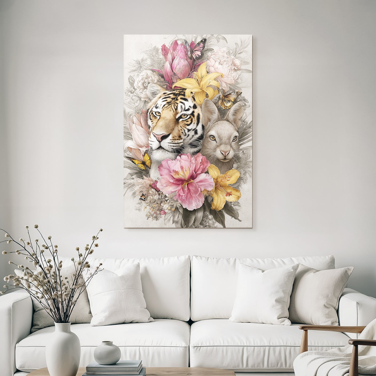 Tierische Naturkomposition Tiger Und Hase Mit Blumen Und Schmetterlingen