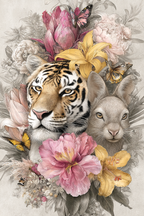 Tierische Naturkomposition Tiger Und Hase Mit Blumen Und Schmetterlingen | Collagen | Kunstgattungen