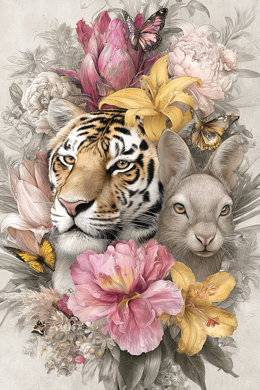 Tierische Naturkomposition Tiger Und Hase Mit Blumen Und Schmetterlingen | Collagen | Kunstgattungen