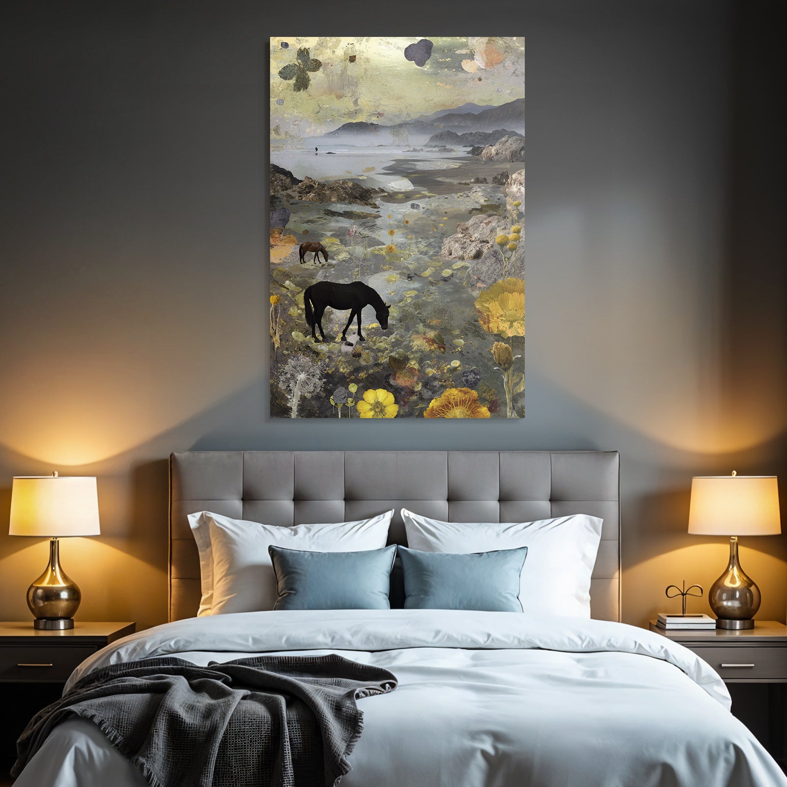 Traumhafte Landschaft Pferde Am Strand Mit Blumen Und Lilienblaettern