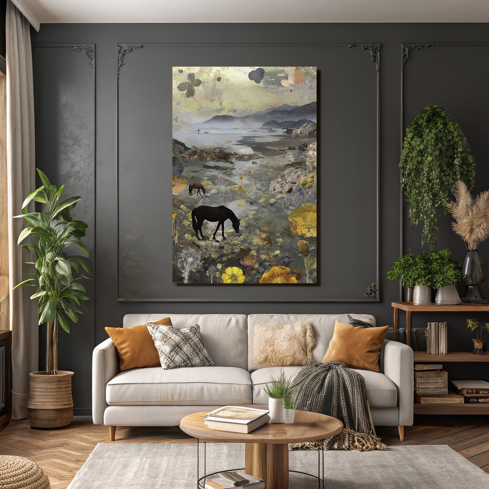 Traumhafte Landschaft Pferde Am Strand Mit Blumen Und Lilienblaettern