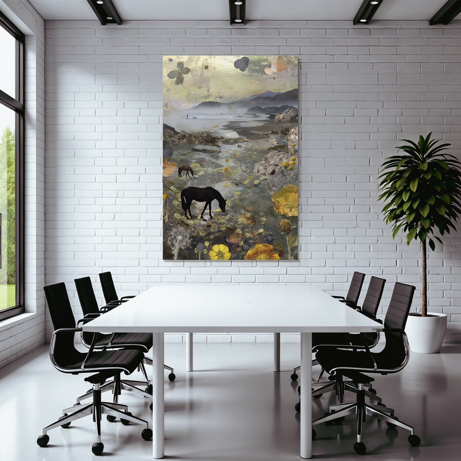Traumhafte Landschaft Pferde Am Strand Mit Blumen Und Lilienblaettern