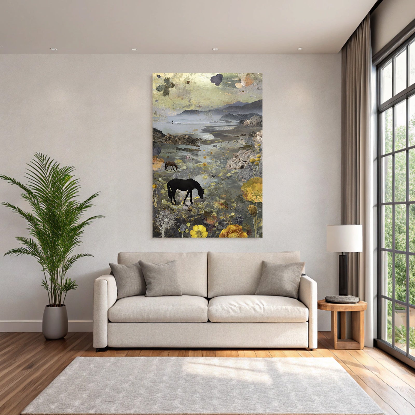 Traumhafte Landschaft Pferde Am Strand Mit Blumen Und Lilienblaettern