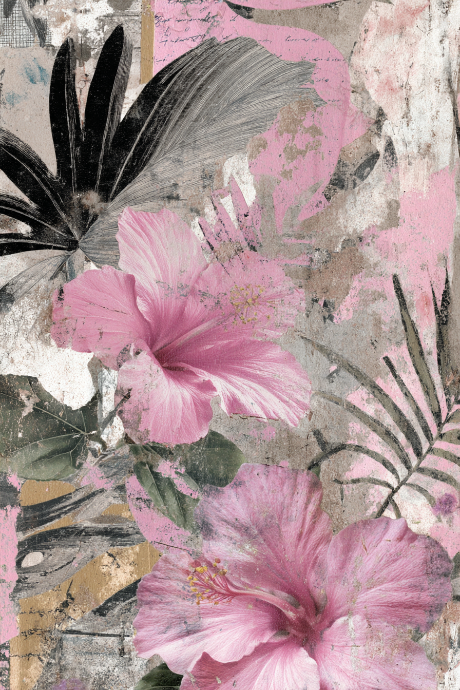Tropische Blumen Hibiskus Design Mit Gold Schwarz Und Gruen | Collagen | Kunstgattungen
