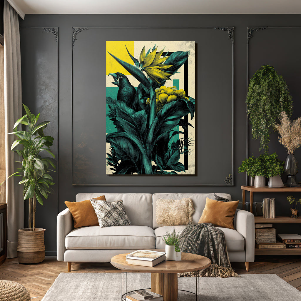 Tropische Pflanzen Und Vogel Kunstillustration Bunte Farben