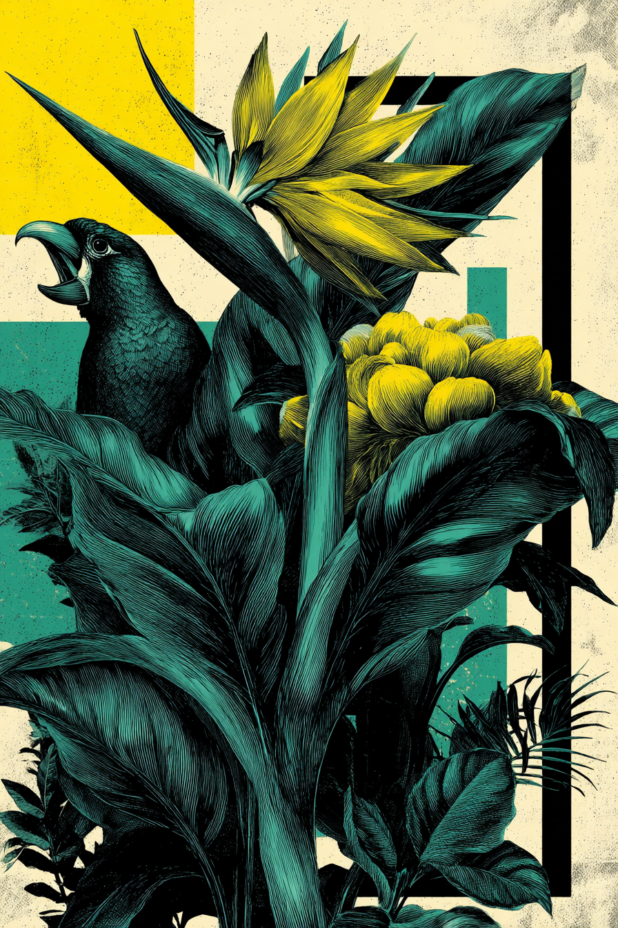 Tropische Pflanzen Und Vogel Kunstillustration Bunte Farben | Collagen | Kunstgattungen