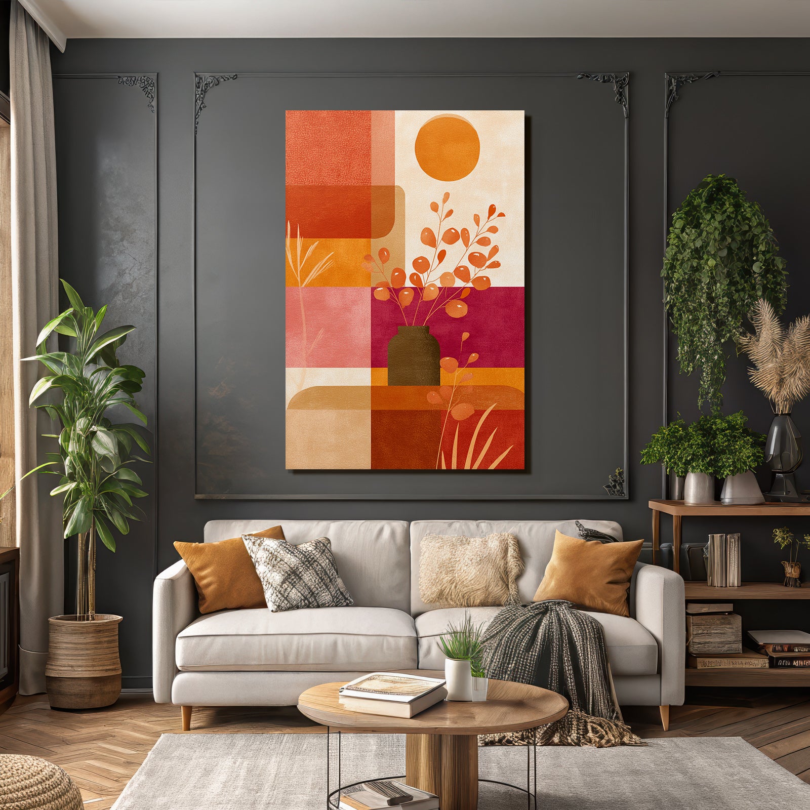 Vase Mit Dekorativen Pflanzenzweigen Abstracte Formen Rot Orange Pink