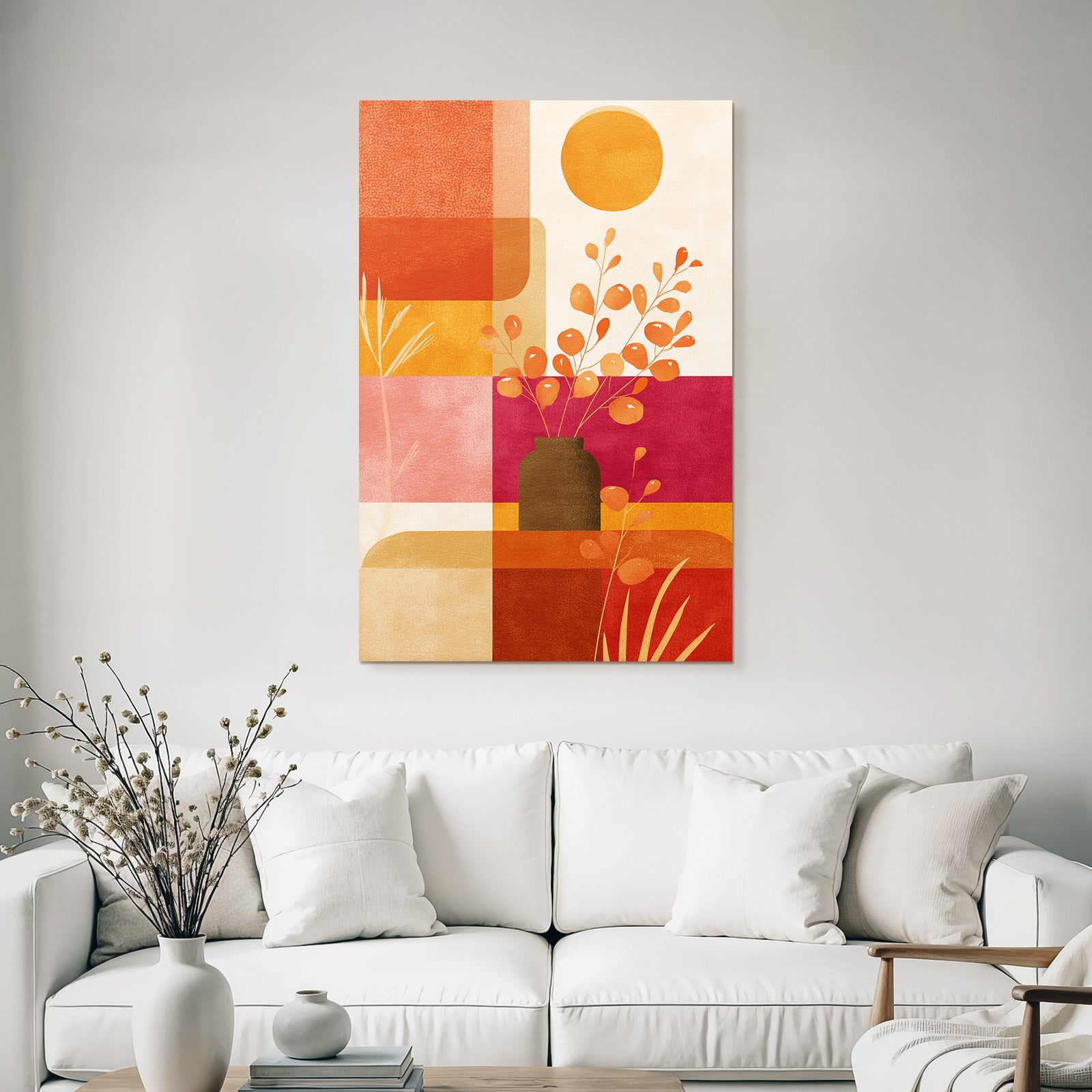 Vase Mit Dekorativen Pflanzenzweigen Abstracte Formen Rot Orange Pink