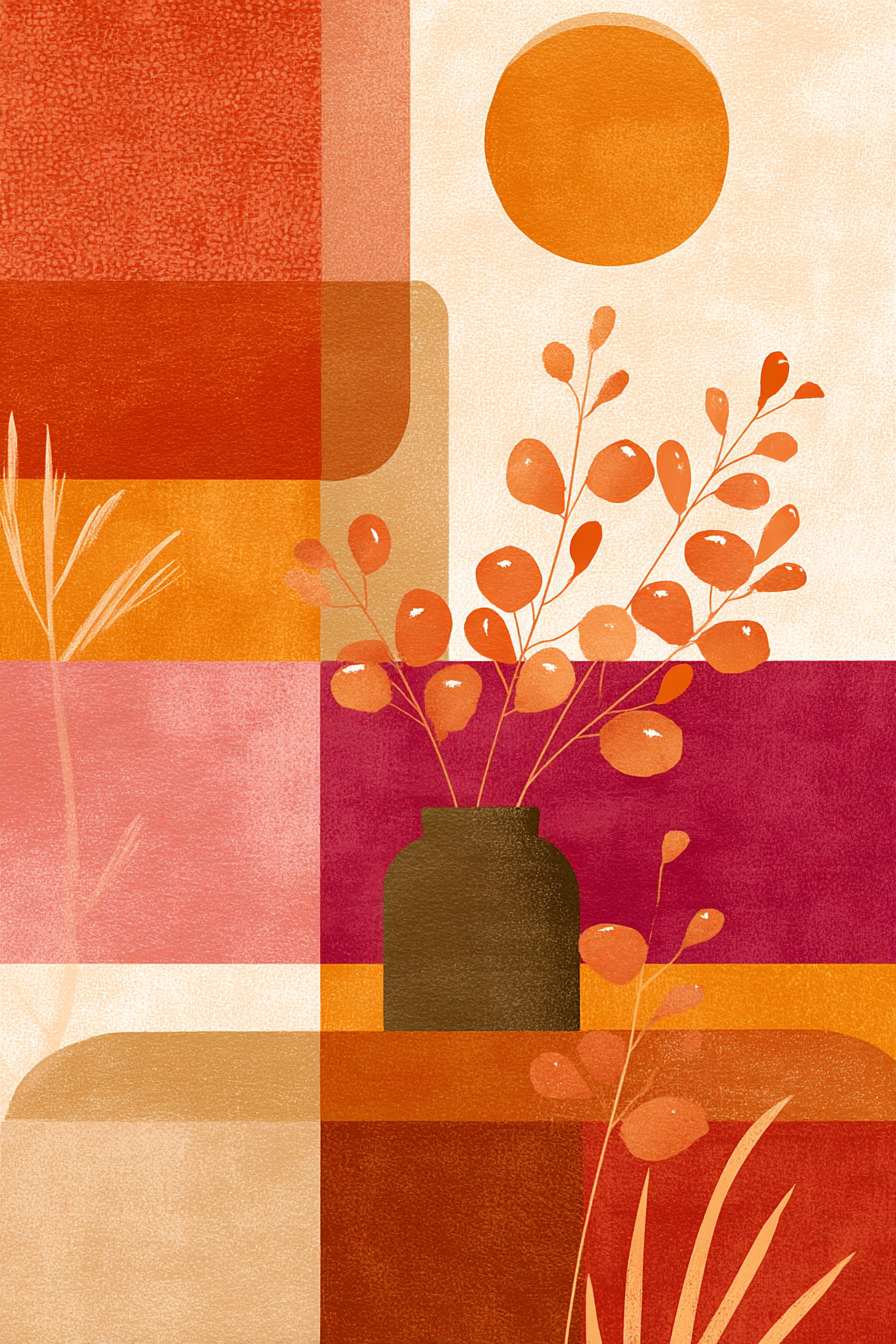Vase Mit Dekorativen Pflanzenzweigen Abstracte Formen Rot Orange Pink | Collagen | Kunstgattungen