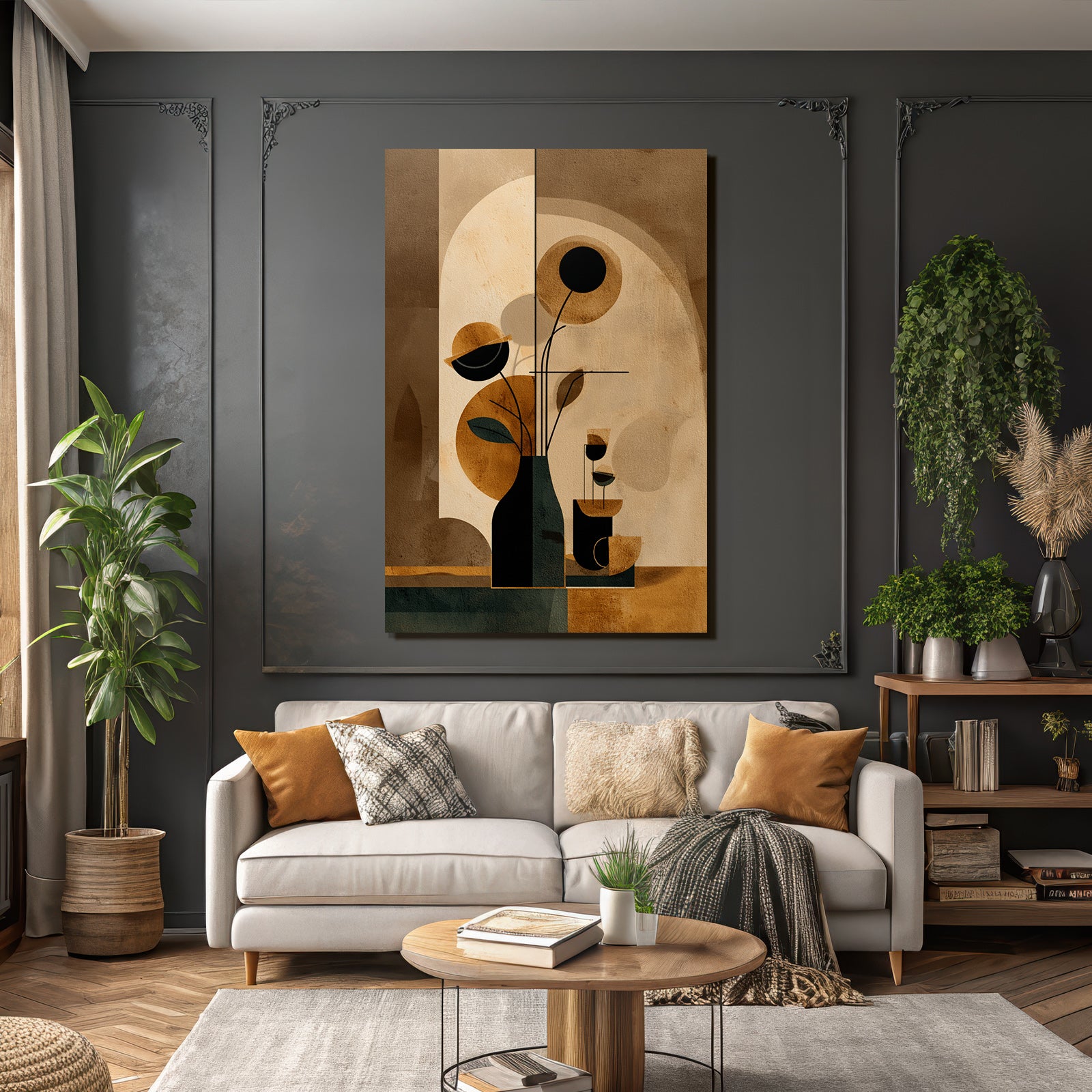 Vase Mit Stilisierten Blumen Abstrakte Illustration Geometrische Formen Dunkle Farben
