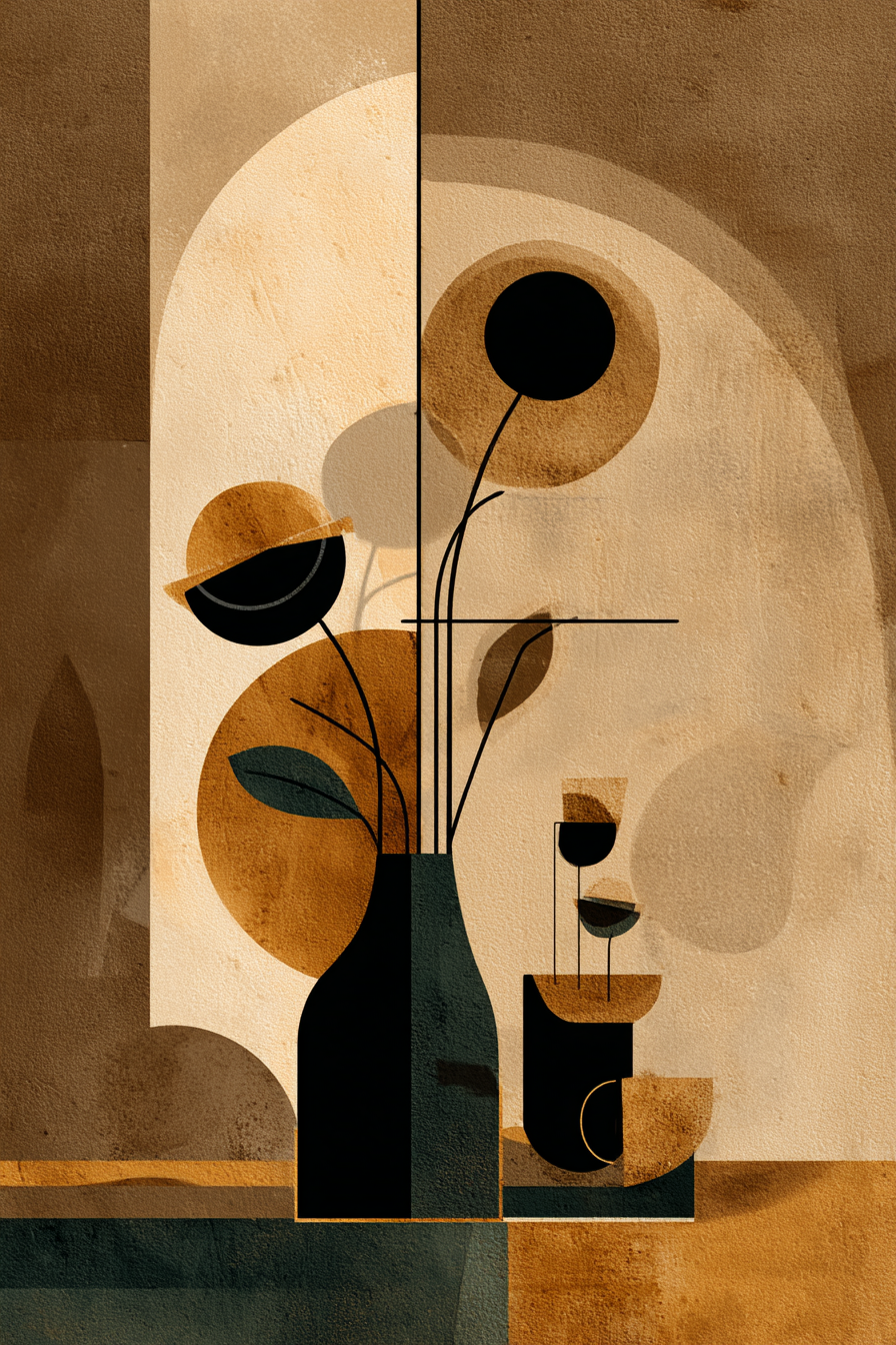 Vase Mit Stilisierten Blumen Abstrakte Illustration Geometrische Formen Dunkle Farben | Collagen | Kunstgattungen