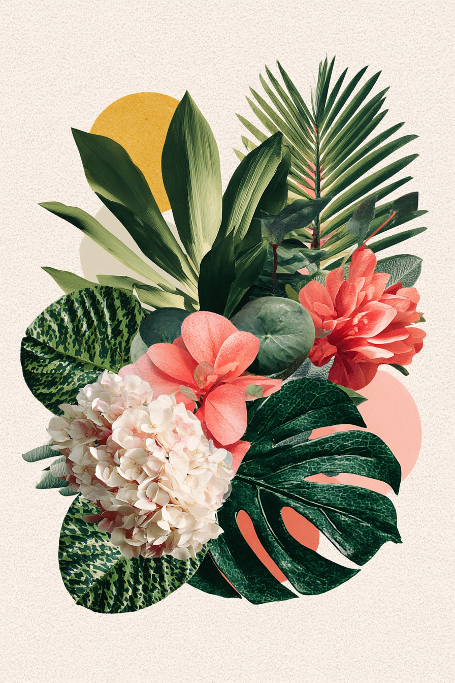 Vibrante Anordnung Von Pflanzen Und Blumen Mit Tropischen Blaettern | Collagen | Kunstgattungen