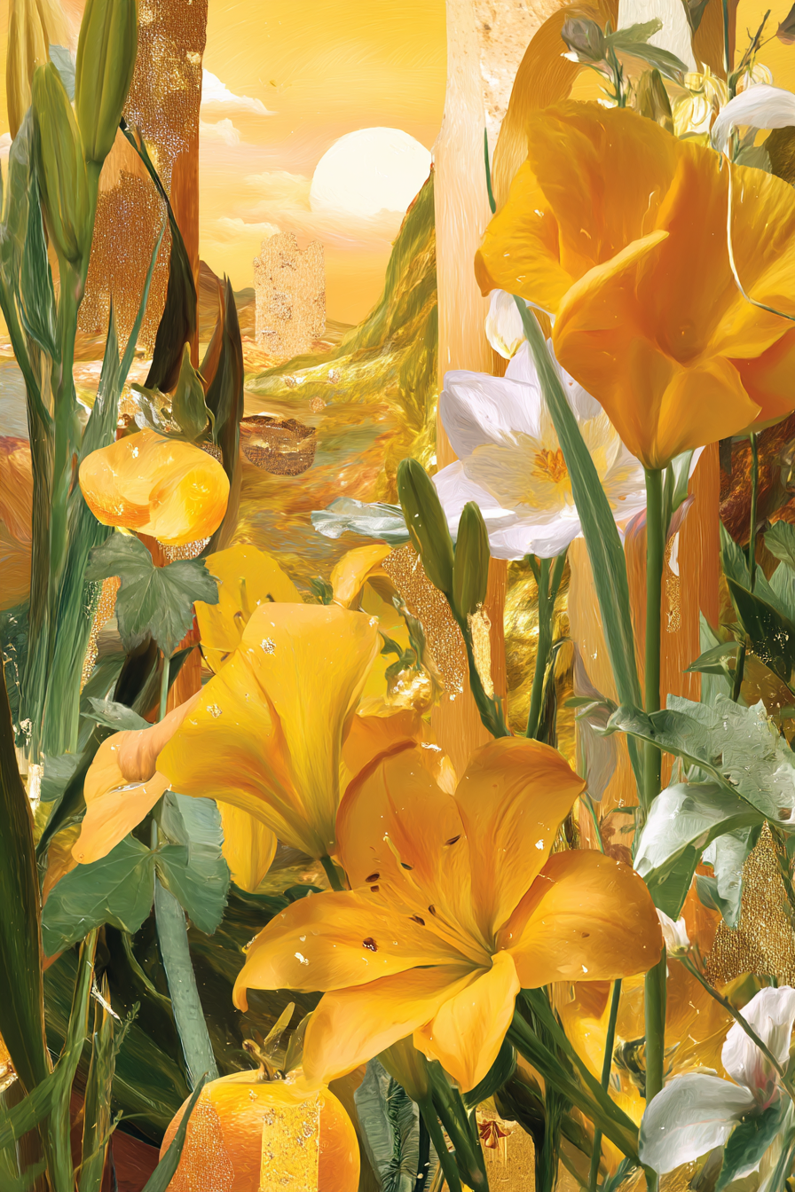 Vibrante Gelbe Blumen Im Sonnenuntergang Warme Farben | Collagen | Kunstgattungen