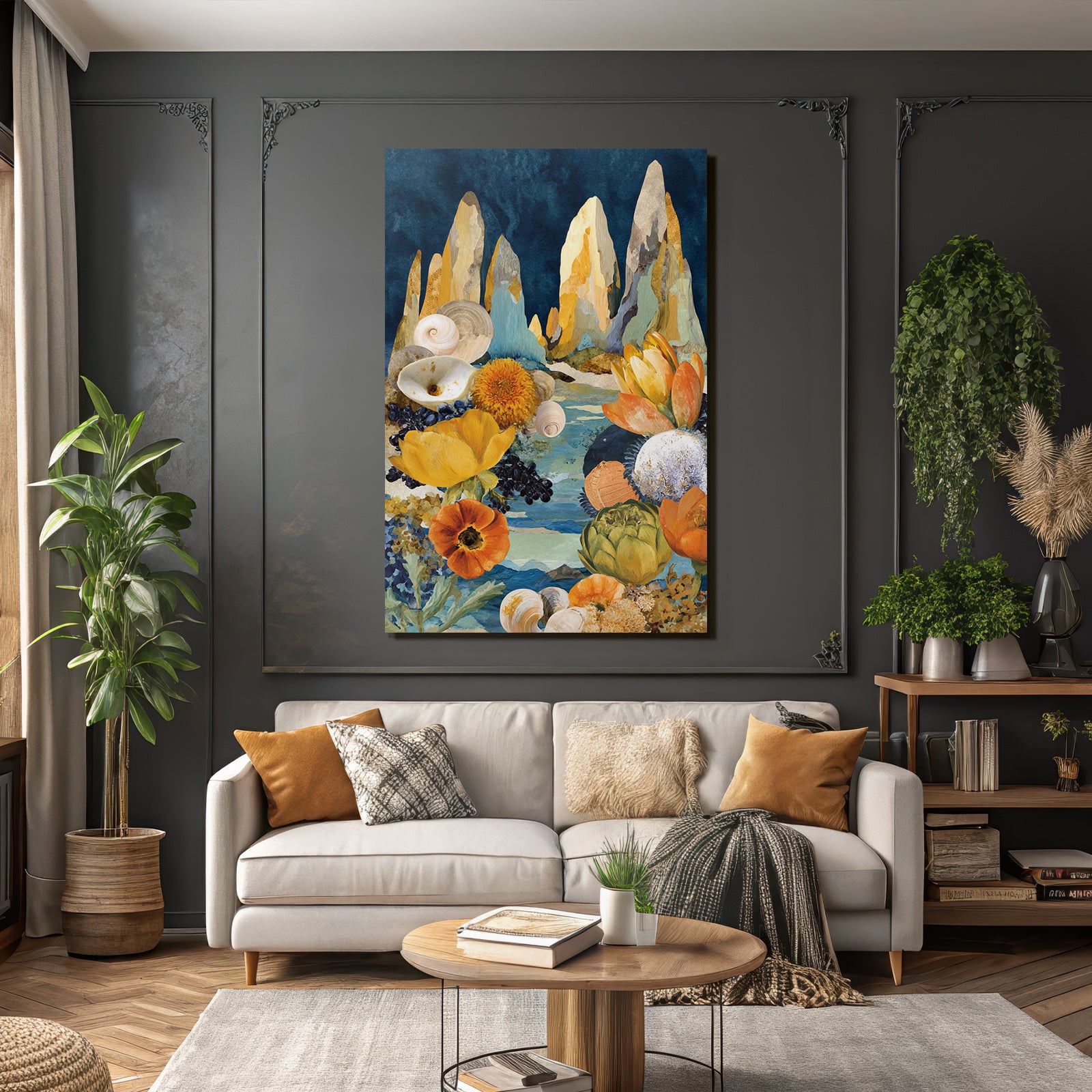 Vibrante Kollage Flora Meeresleben Abstracte Formen