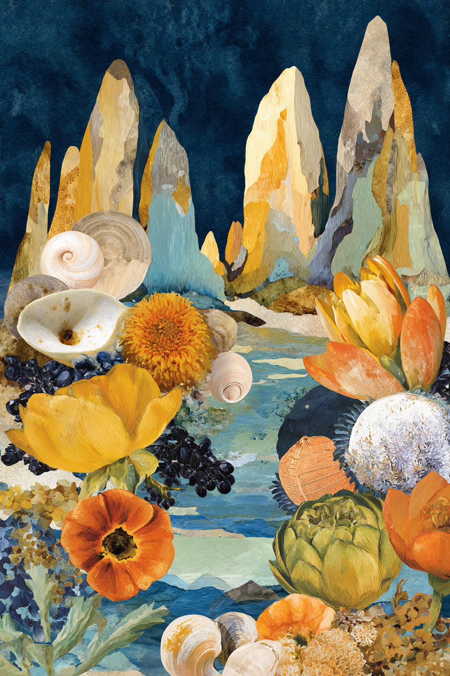 Vibrante Kollage Flora Meeresleben Abstracte Formen | Collagen | Kunstgattungen