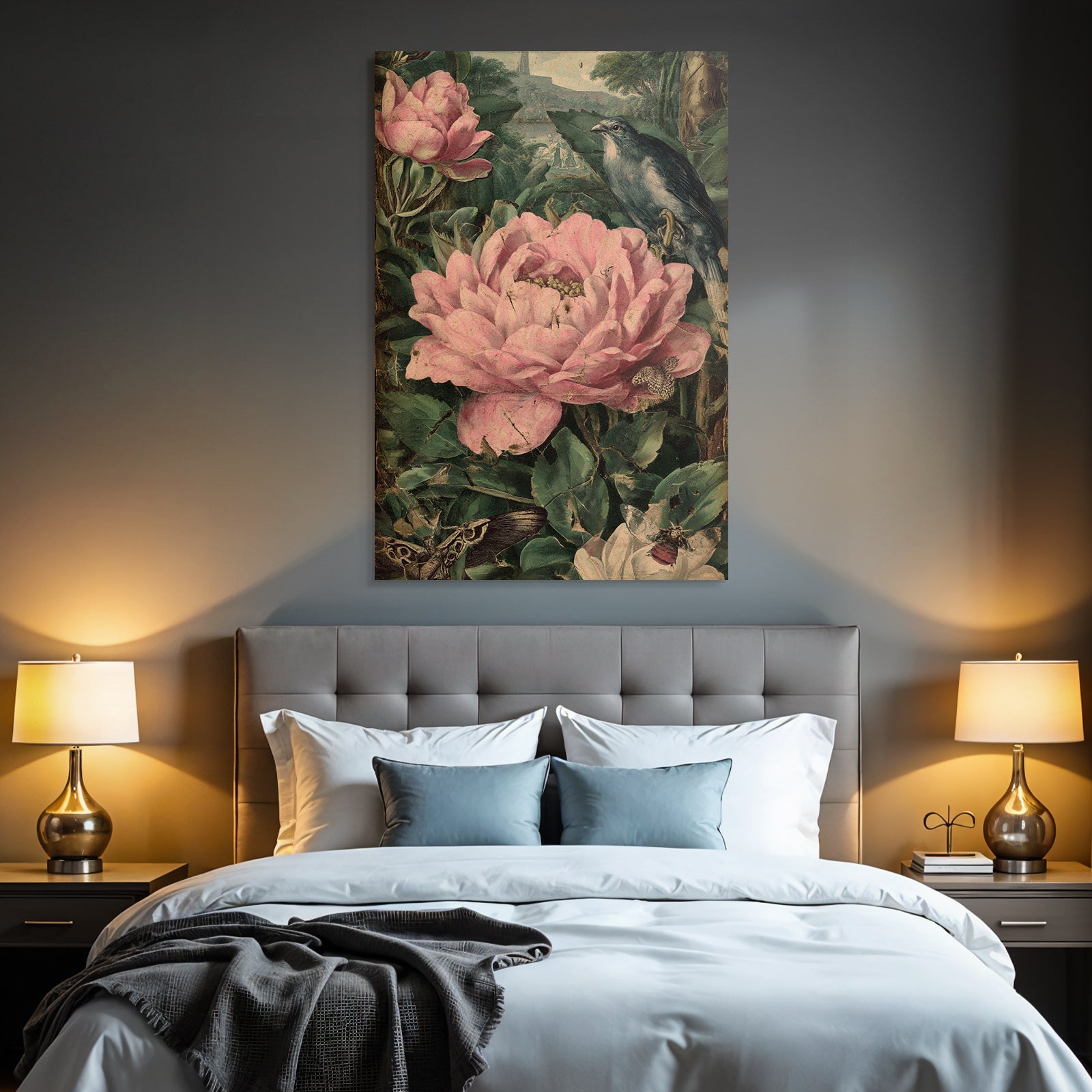 Vibrante Pink Blumen Und Insekten Mit Vogel Im Hintergrund