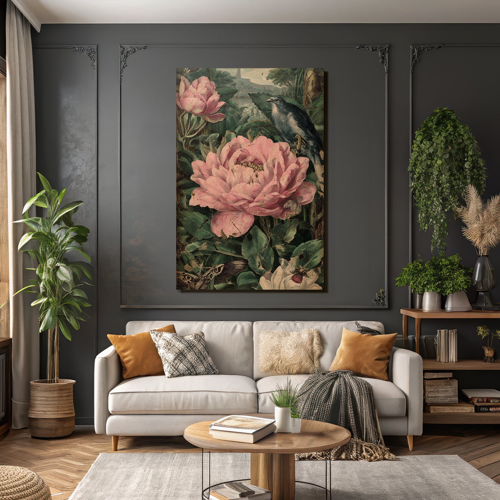 Vibrante Pink Blumen Und Insekten Mit Vogel Im Hintergrund